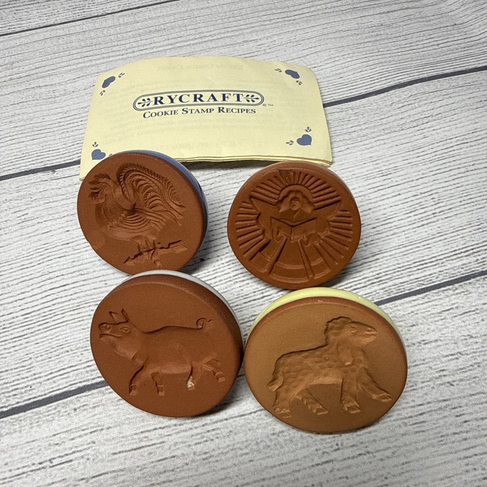 4 Rycraft Vintage Ceramic Terra Cotta Cookie Stamps Rooster Pig Lamb Angel